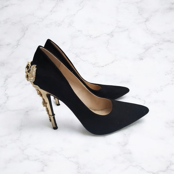 JustFab Black Stiletto Pumps Size US 7.5 Ornate Gold Sculptural  Floral Heels - Picture 3 of 16
